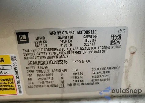 2013 Buick Enclave из США, поврежденный, VIN 5GAKRCKD7DJ135316